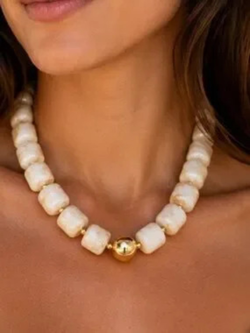 Beige Resin Chunky Square Beaded Necklace (7559)